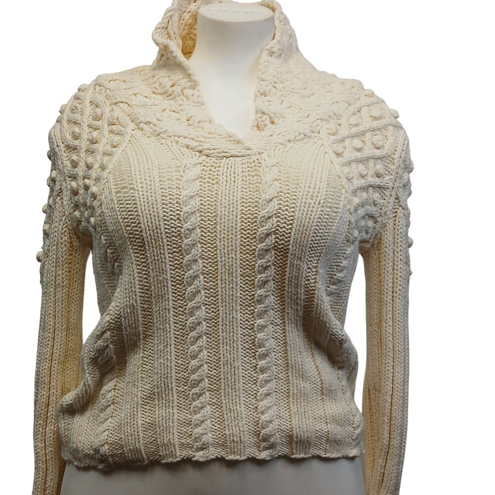 Evie Cream Cable Knit Cowl Neck Sweater Small Off White Bobble Crochet